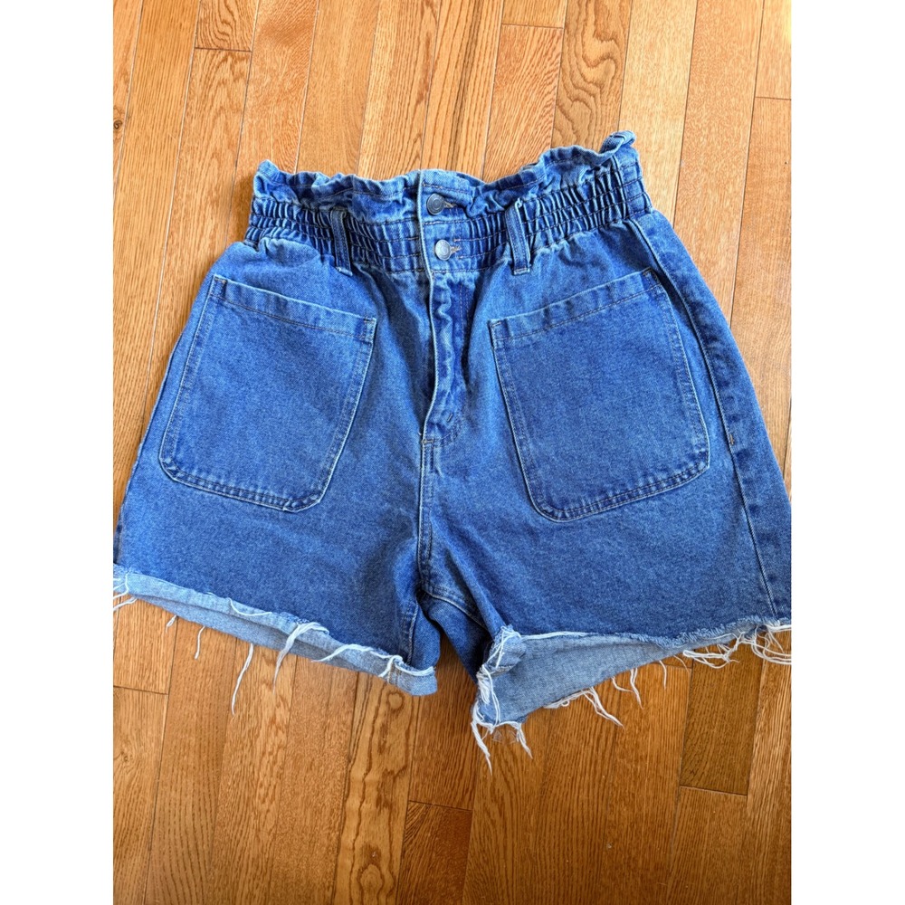 Cello Blue Paperbag Waist Denim Shorts Medium Wash High Rise Raw Hem Size M